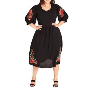 City Chic Embroidered Black Midi Dress – Size 20 – Balloon Sleeves Cinched Waist